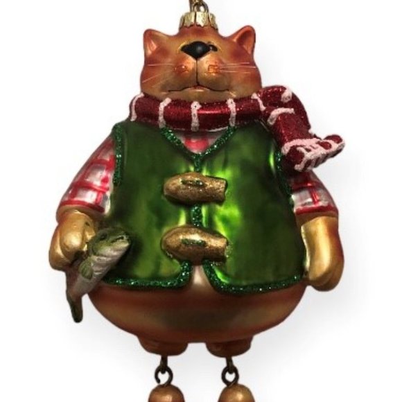 Orange Tabby Cat With Fish Glass Christmas Tree Ornament - Picture 2 of 5